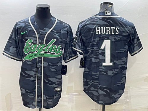 Men's Philadelphia Eagles #1 Jalen Hurts Gray Camo With Patch Cool Base Stitched Baseball Jersey